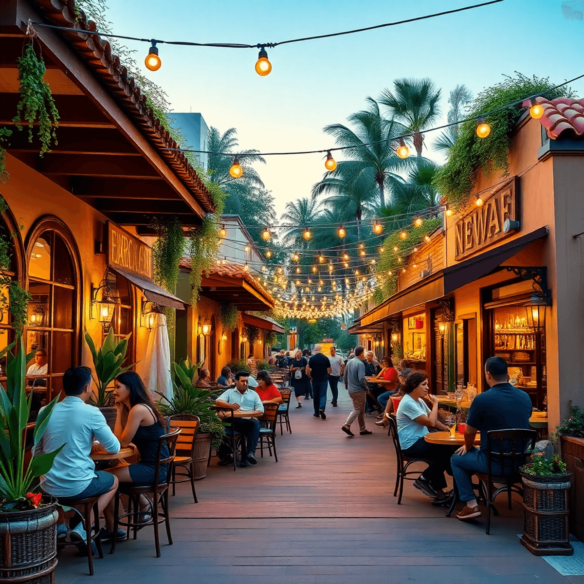 A lively street scene in Lomita, California, with cozy cafes and bars featuring outdoor seating, string lights, and people enjoying conversations i...