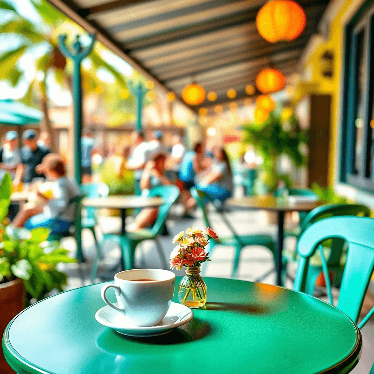A cozy café table set with two coffee cups and a small bouquet of flowers, surrounded by a lively outdoor scene filled with people enjoying social ...