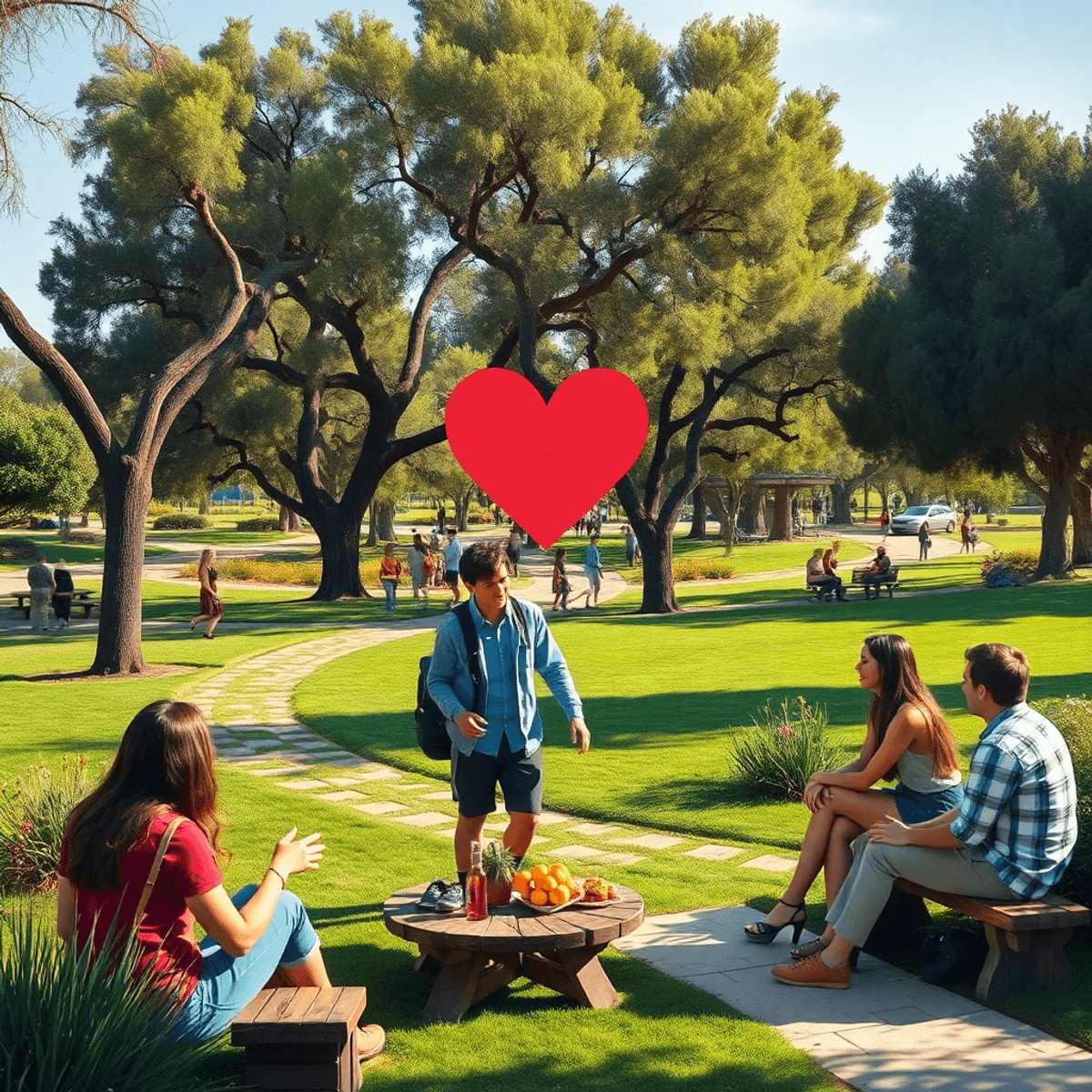 A lively park scene in Parkway, California, with singles hiking and picnicking among trees and trails, embodying connection with hearts and intertw...