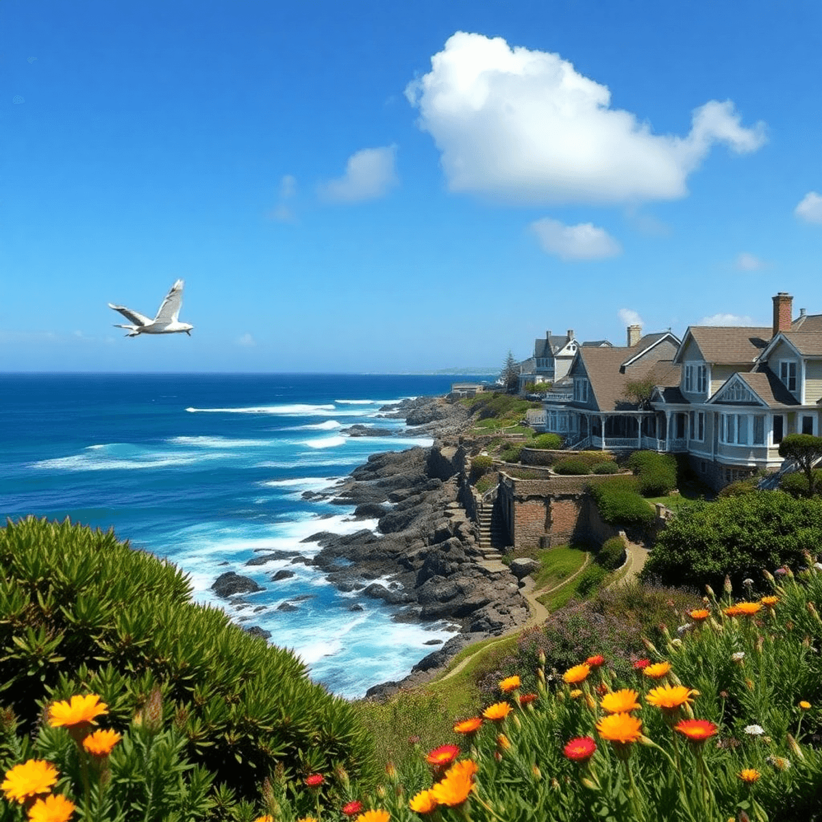 A scenic view of Pacific Grove, California, featuring charming Victorian homes by the coastline, vibrant ocean waves crashing against rocks, and lu...