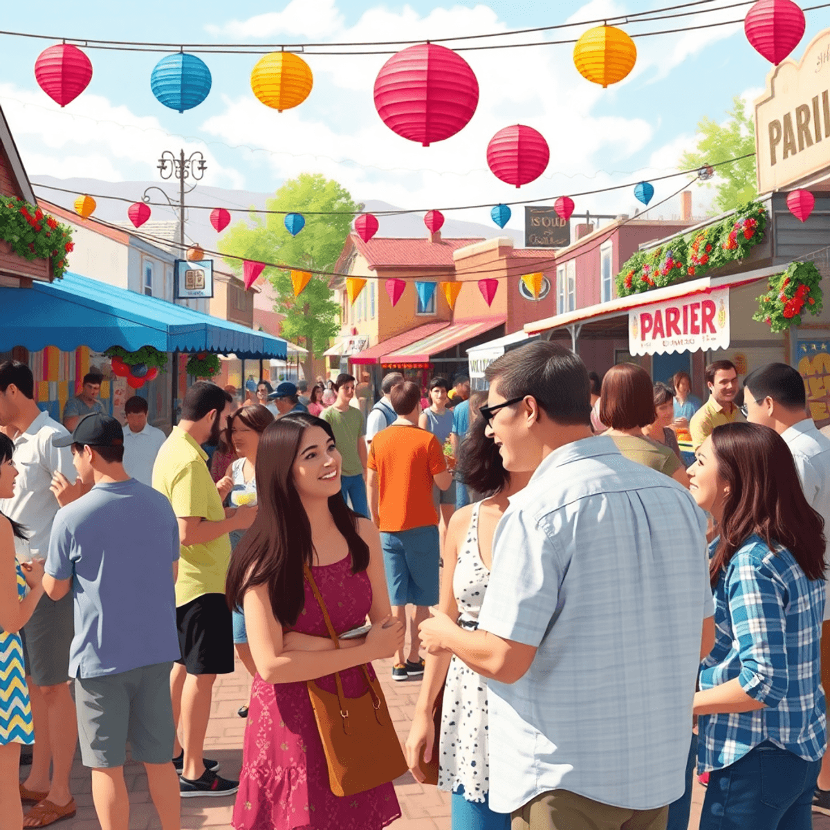A lively small-town festival scene with colorful decorations, food stalls, and people happily mingling against a backdrop of charming architecture.