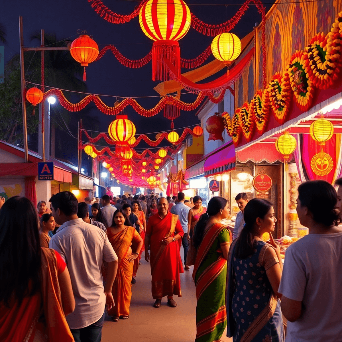 A lively street scene at a cultural festival in Artesia, filled with colorful decorations, food stalls, bright lights, and people mingling in a fes...