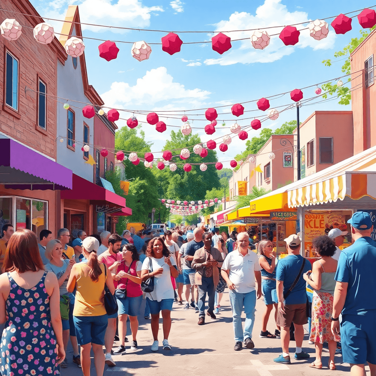 A lively small-town festival scene in Ripon, California, featuring colorful decorations, people enjoying live music, and a festive parade atmospher...