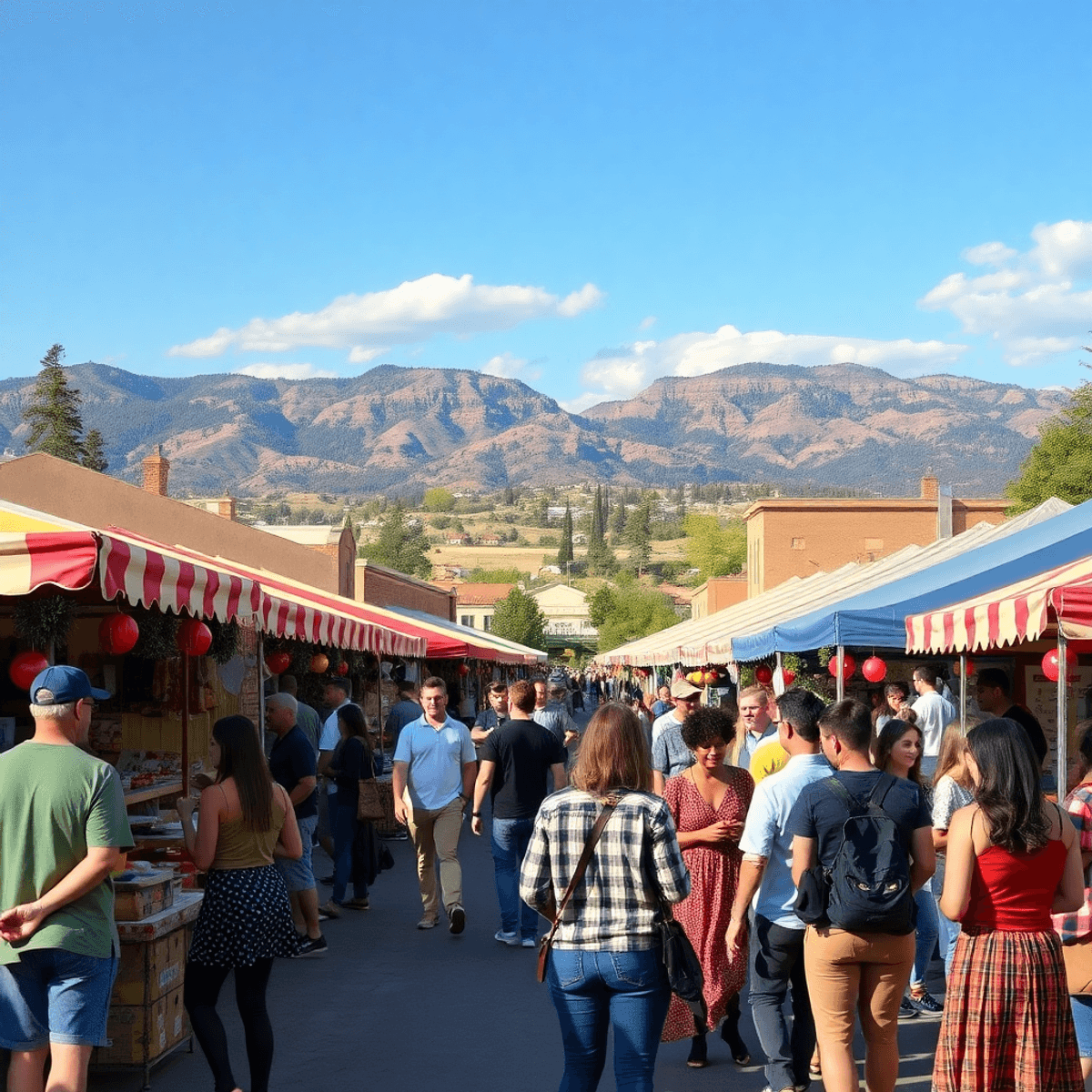 A vibrant small-town festival in Red Bluff, California, with colorful market stalls and people mingling against a backdrop of beautiful natural lan...
