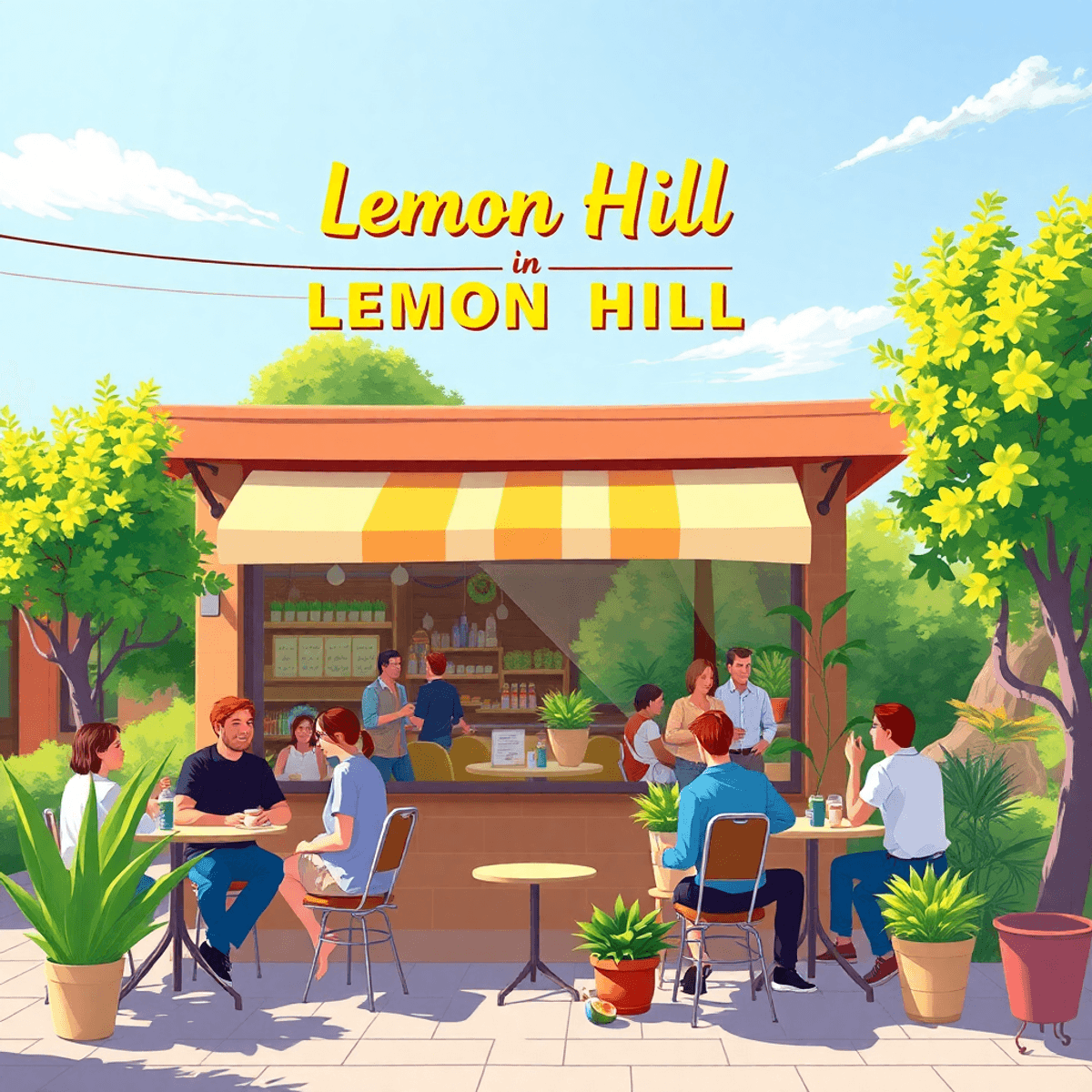 A cozy coffee shop in Lemon Hill, California, featuring sunny outdoor seating, people enjoying drinks and chatting, surrounded by lush greenery, cr...