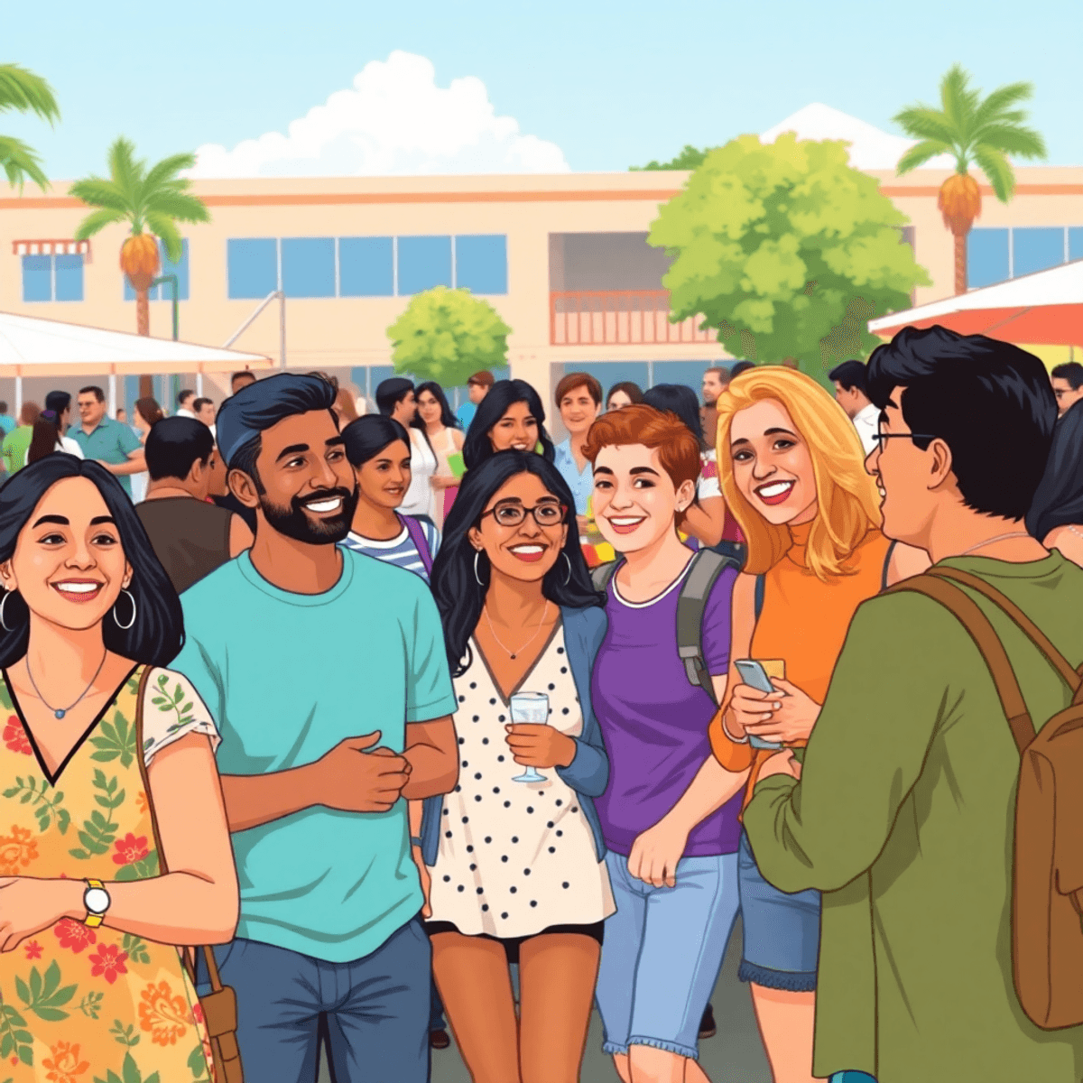 A lively community event in Walnut Park, California, showcasing a diverse group of singles smiling and mingling, enjoying activities in a vibrant o...