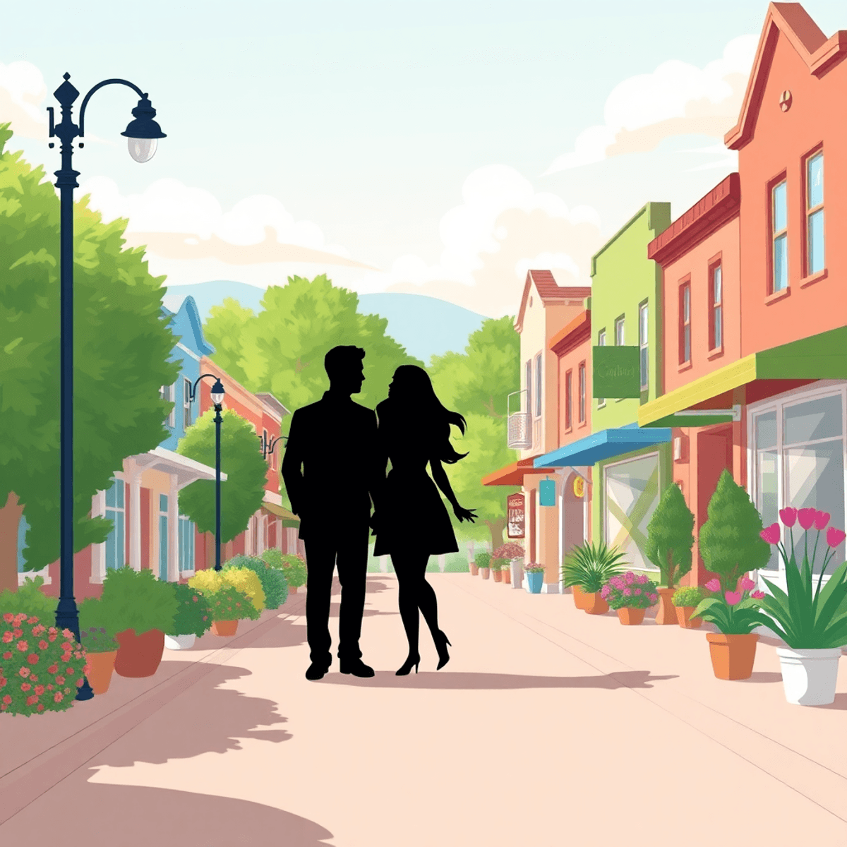 A charming small-town street scene in Kerman, California, featuring local landmarks, greenery, and a couple's silhouette holding hands amidst flowe...