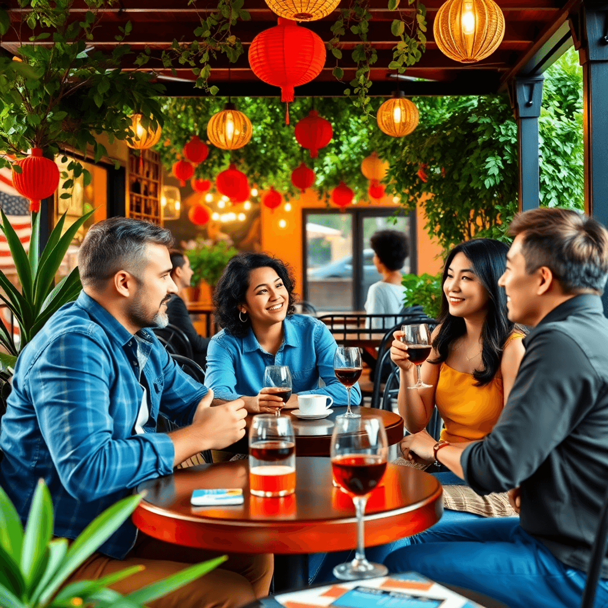 A cozy outdoor café scene with people enjoying coffee and lively conversation, surrounded by lush greenery and colorful decorations, highlighting a...