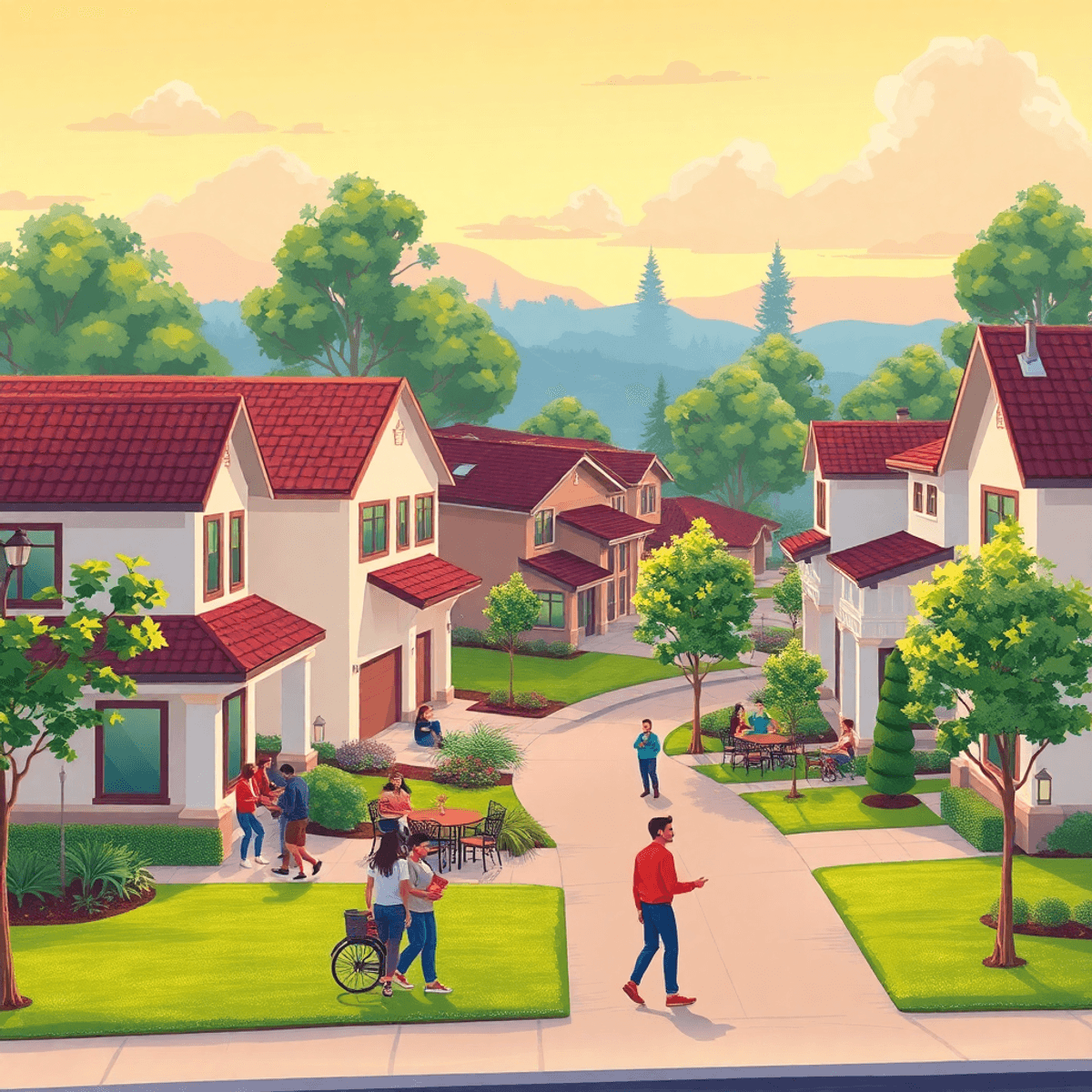 A sunny suburban neighborhood with modern homes, lush lawns, and trees. People socialize at a park and café, creating a warm, inviting community at...