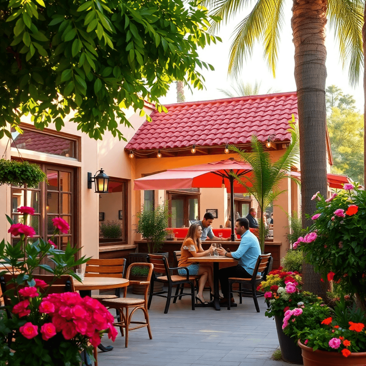 A cozy outdoor café in Winter Gardens, California, featuring a couple on a date surrounded by lush greenery and vibrant flowers in warm sunlight.