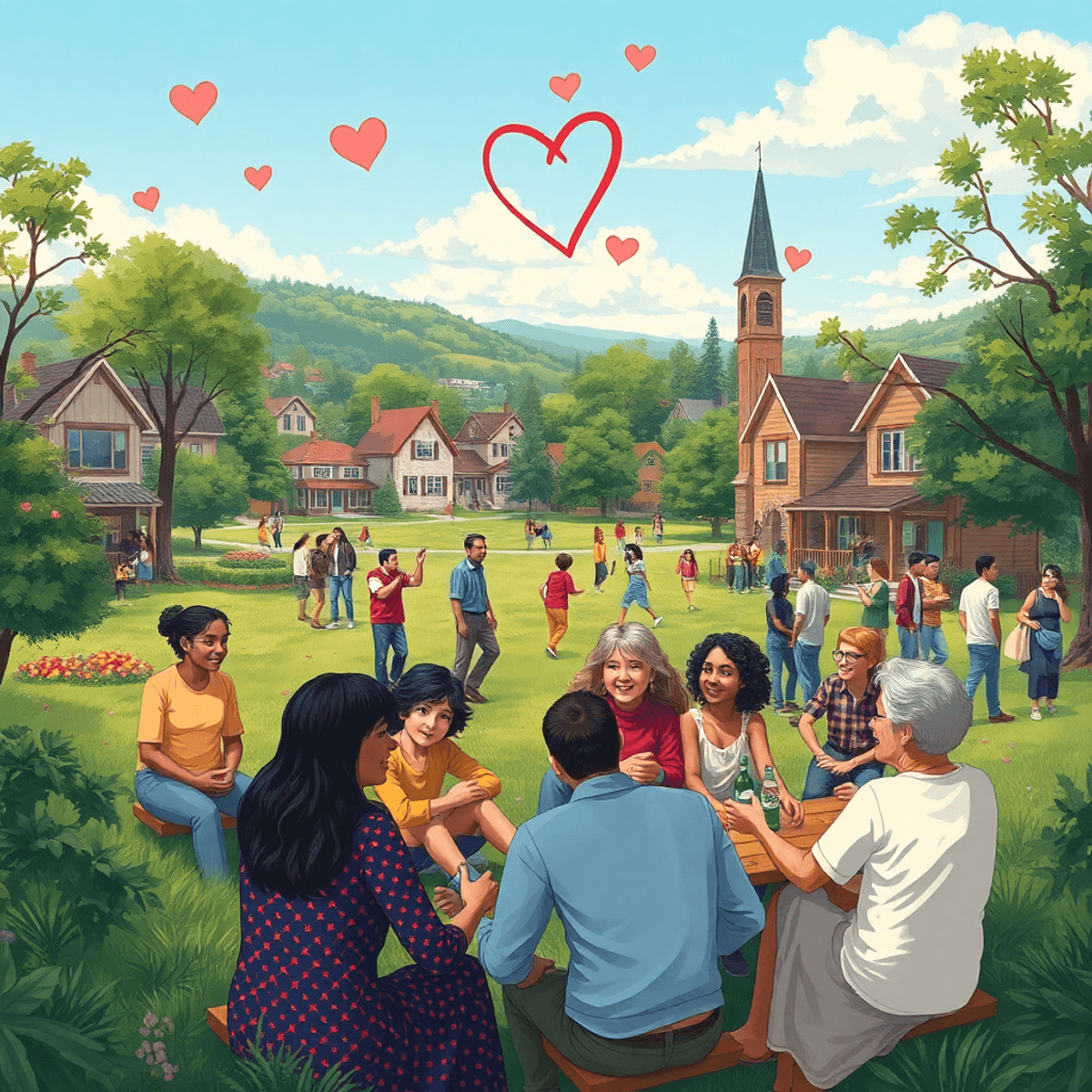 A lively park scene with people enjoying picnics, playing games, and socializing, surrounded by nature and local landmarks, symbolizing connection ...