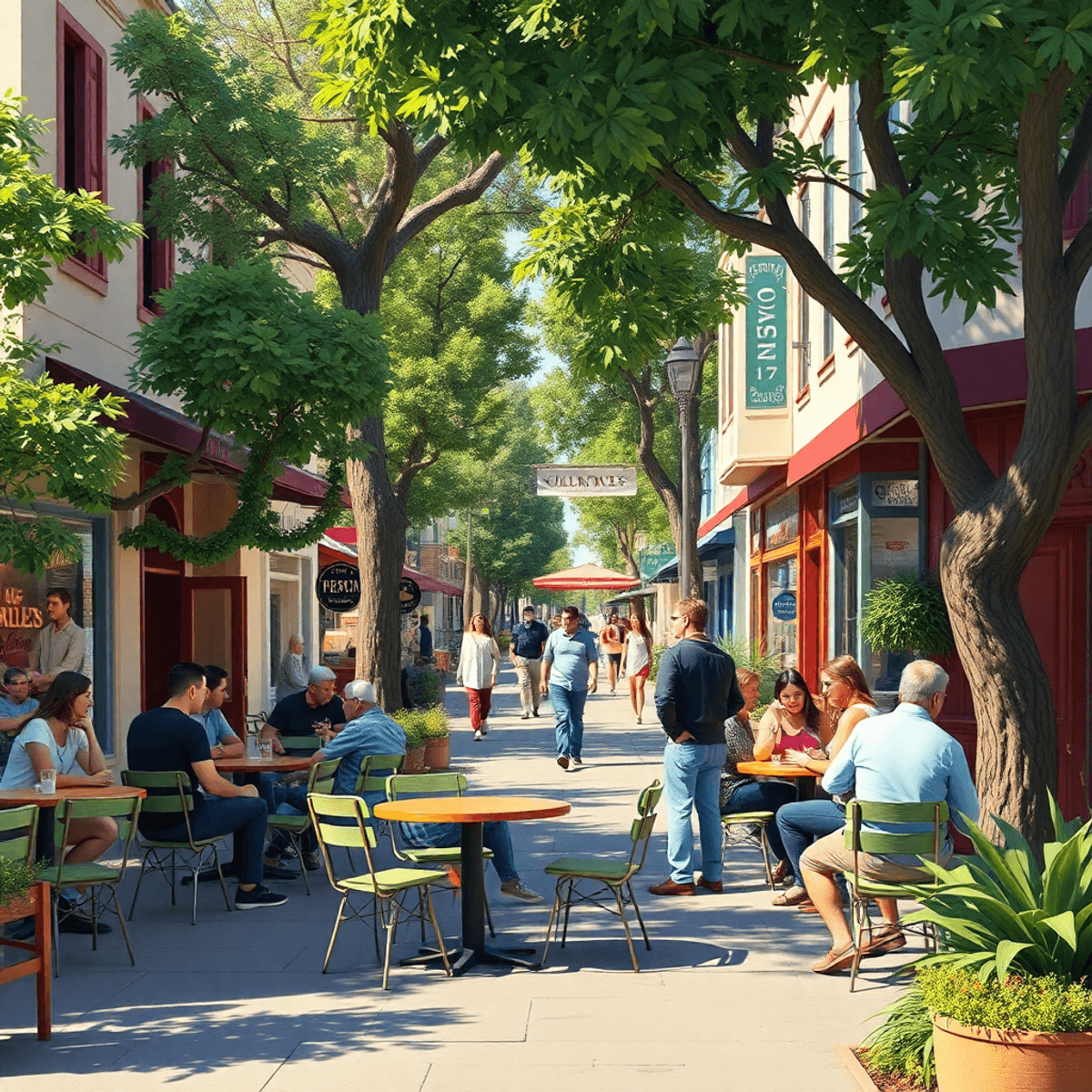 A lively street scene in Millbrae, featuring cozy cafes, green parks, and charming storefronts, with people engaged in friendly conversations, refl...