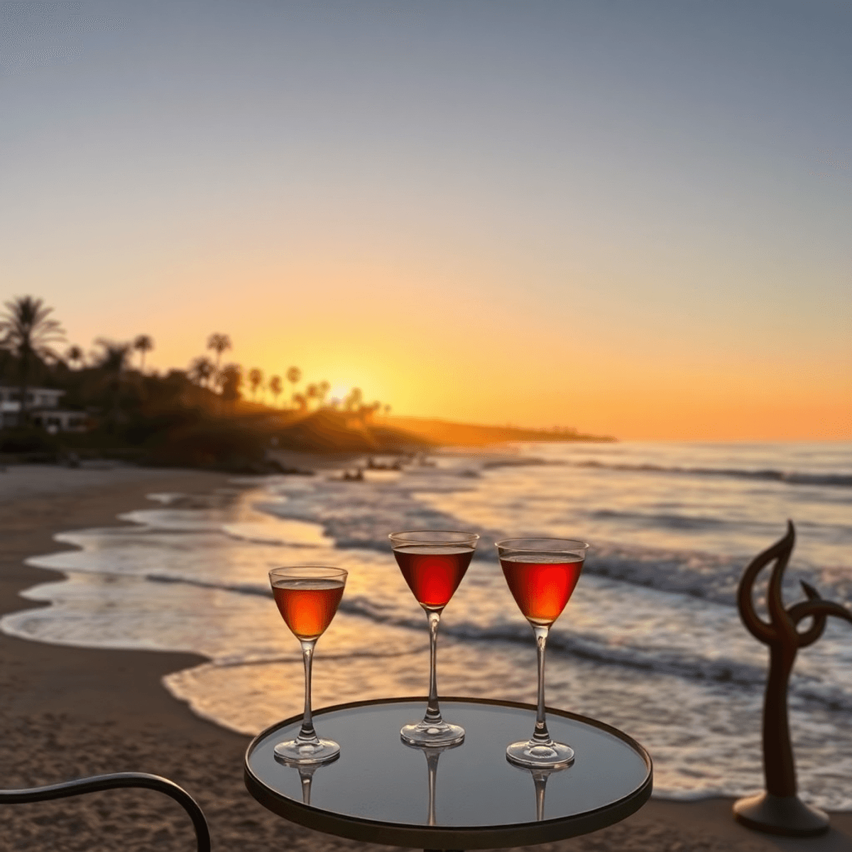 A romantic sunset over Laguna Beach with soft waves, silhouettes of palm trees, and a small table with cocktails. Colorful art pieces add an artist...