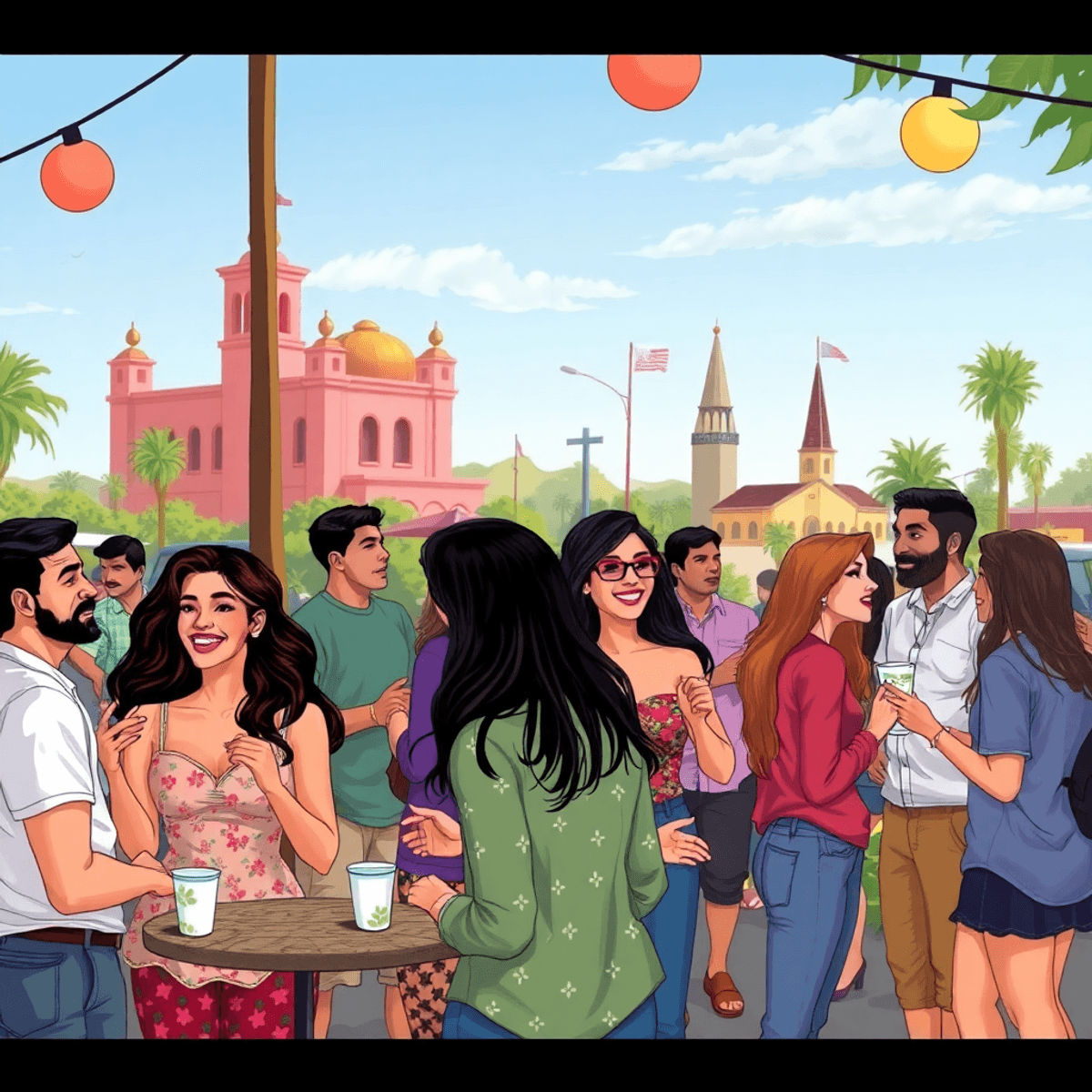 A lively outdoor gathering with a diverse group of singles enjoying conversation and laughter, surrounded by greenery and local landmarks in Cudahy...