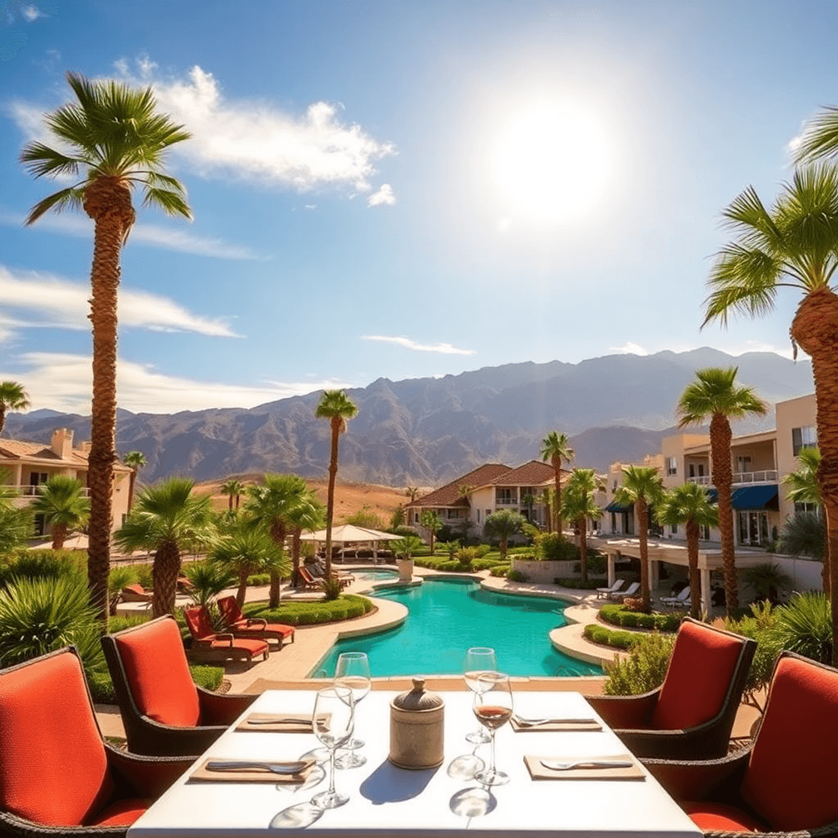 A sun-soaked desert landscape in Rancho Mirage, showcasing luxurious resorts, palm trees, hiking trails, and an elegantly set dining table, evoking...