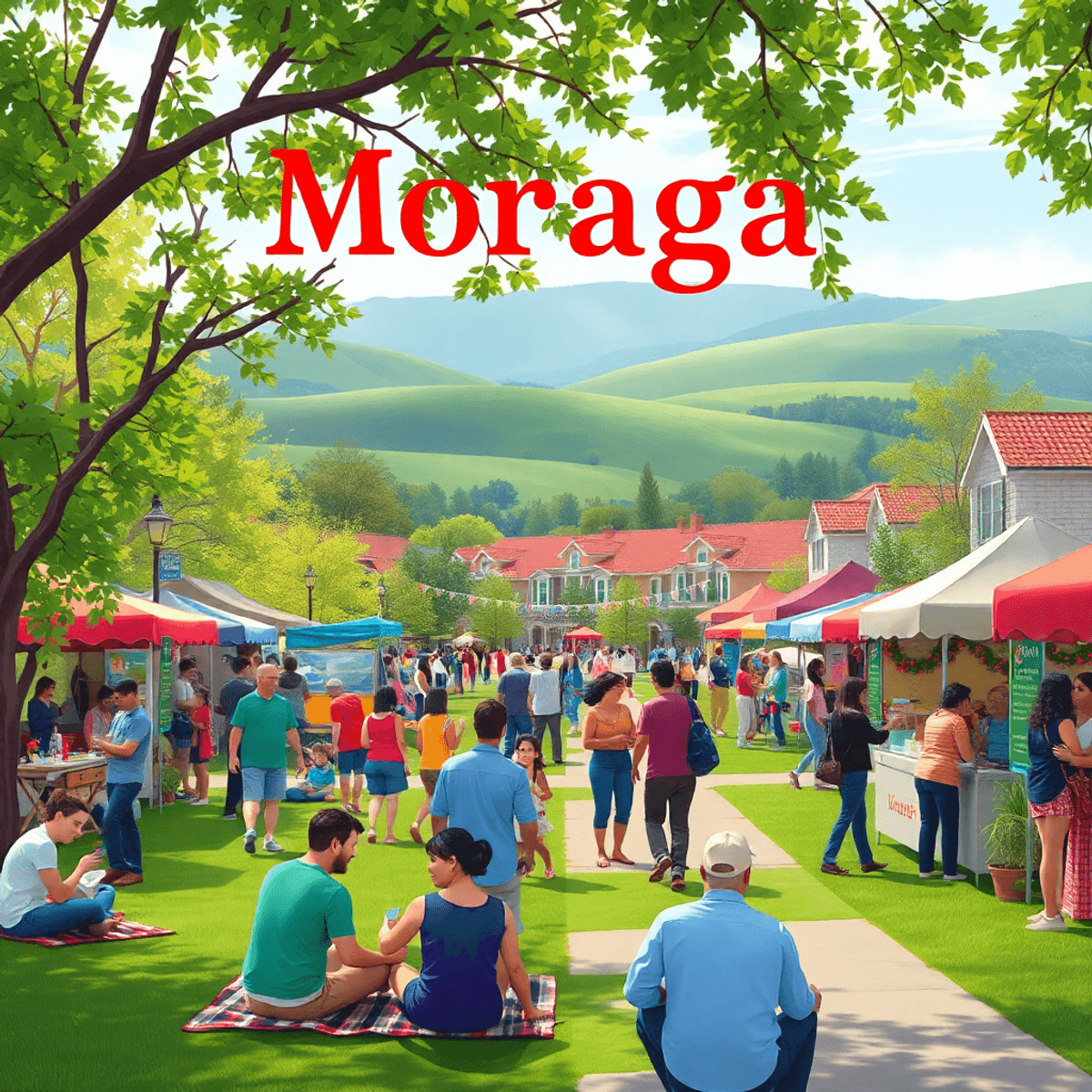 A lively small-town park scene in Moraga, California, with people enjoying a community event amidst picnic blankets, food vendors, colorful banners...