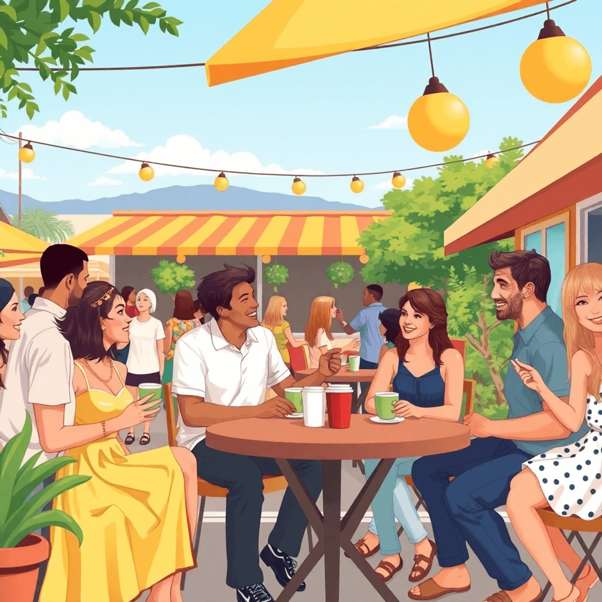 A lively outdoor café scene in Arroyo Grande, California, featuring singles chatting over coffee, smiling faces, and a sunny atmosphere that captur...