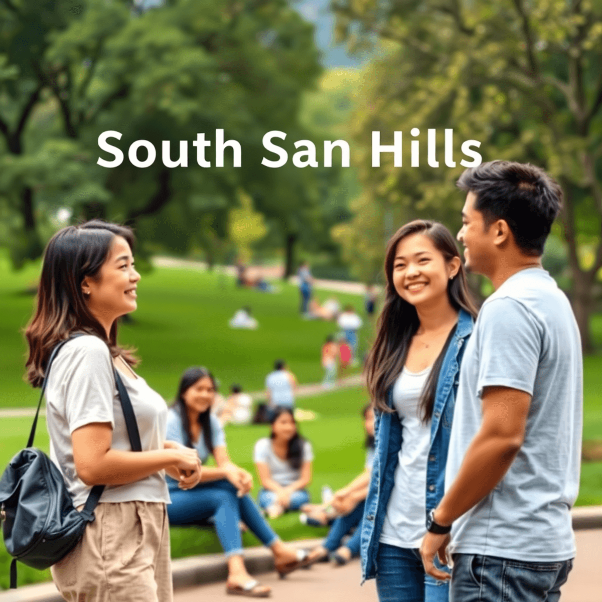 A scenic park in South San Jose Hills, California, with young adults enjoying outdoor activities and socializing amidst lush greenery and vibrant c...