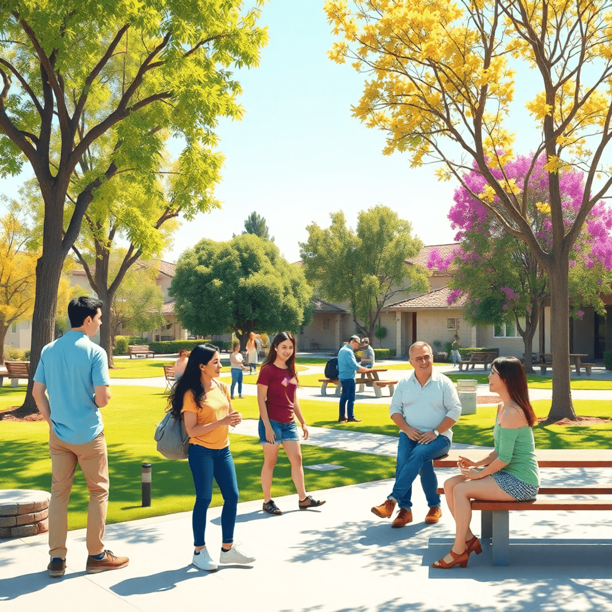 A sunny suburban park with people engaging in friendly conversations and community activities, surrounded by trees and picnic areas, creating a war...