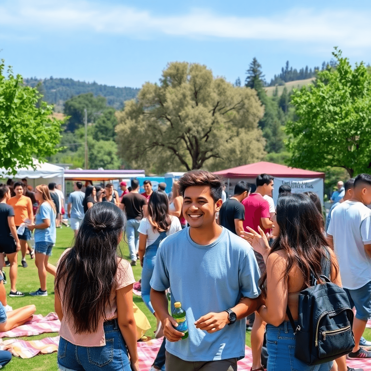 A lively outdoor community event in Live Oak, California, featuring young adults enjoying picnics, food stalls, and friendly conversations in a bea...