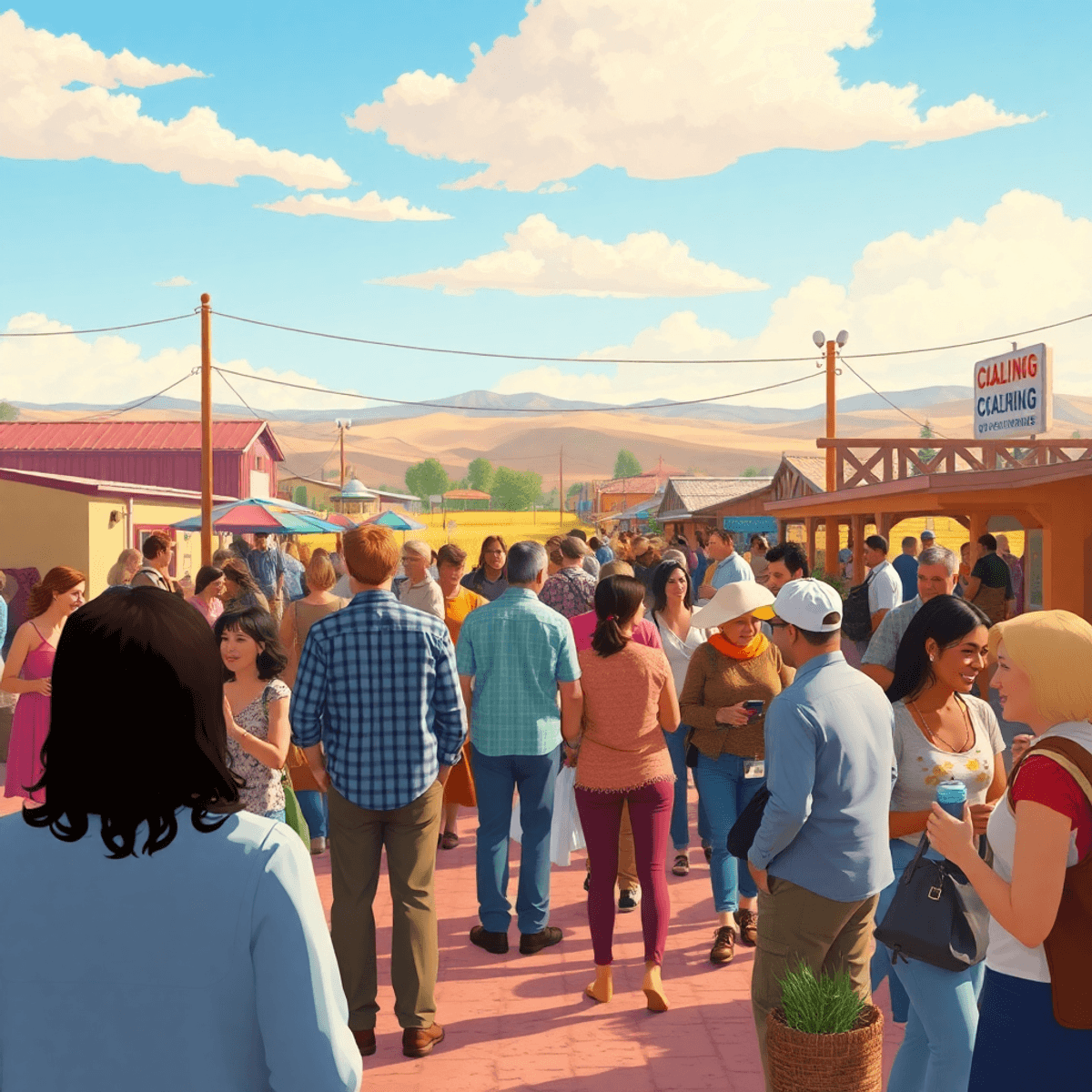 A lively community gathering in Coalinga, California, featuring people chatting and enjoying local events, with agricultural elements like fields a...