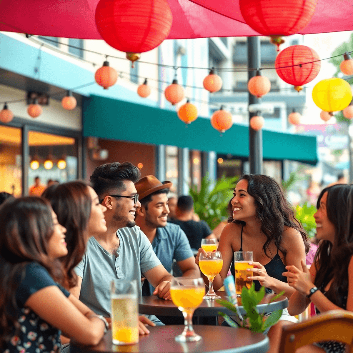 A lively outdoor café scene with a diverse group of young adults enjoying food and drinks, surrounded by colorful decorations, capturing the essenc...