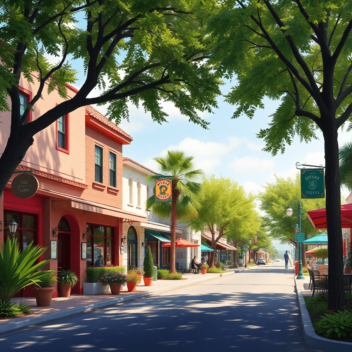 A lively suburban street in Bostonia, California, showcasing cafes and parks, surrounded by greenery, exuding a warm community spirit perfect for s...