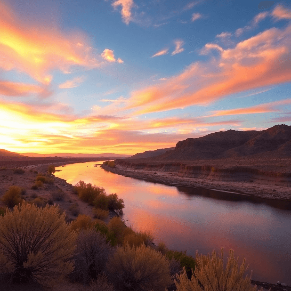 A breathtaking sunset over the Colorado River in Blythe, California, reflecting vibrant colors on the water amidst serene desert landscapes and loc...