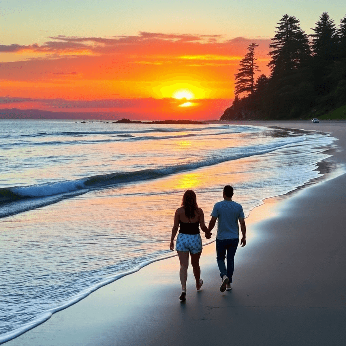 A romantic sunset over Clam Beach, with gentle waves and lush greenery in the background. A couple walks hand-in-hand along the shore, enjoying the...