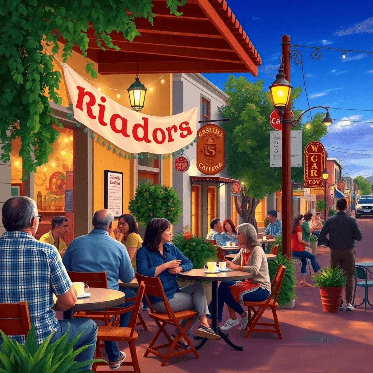 A lively street scene in a small California town featuring a cozy café with outdoor seating, people enjoying coffee, and festive decorations creati...