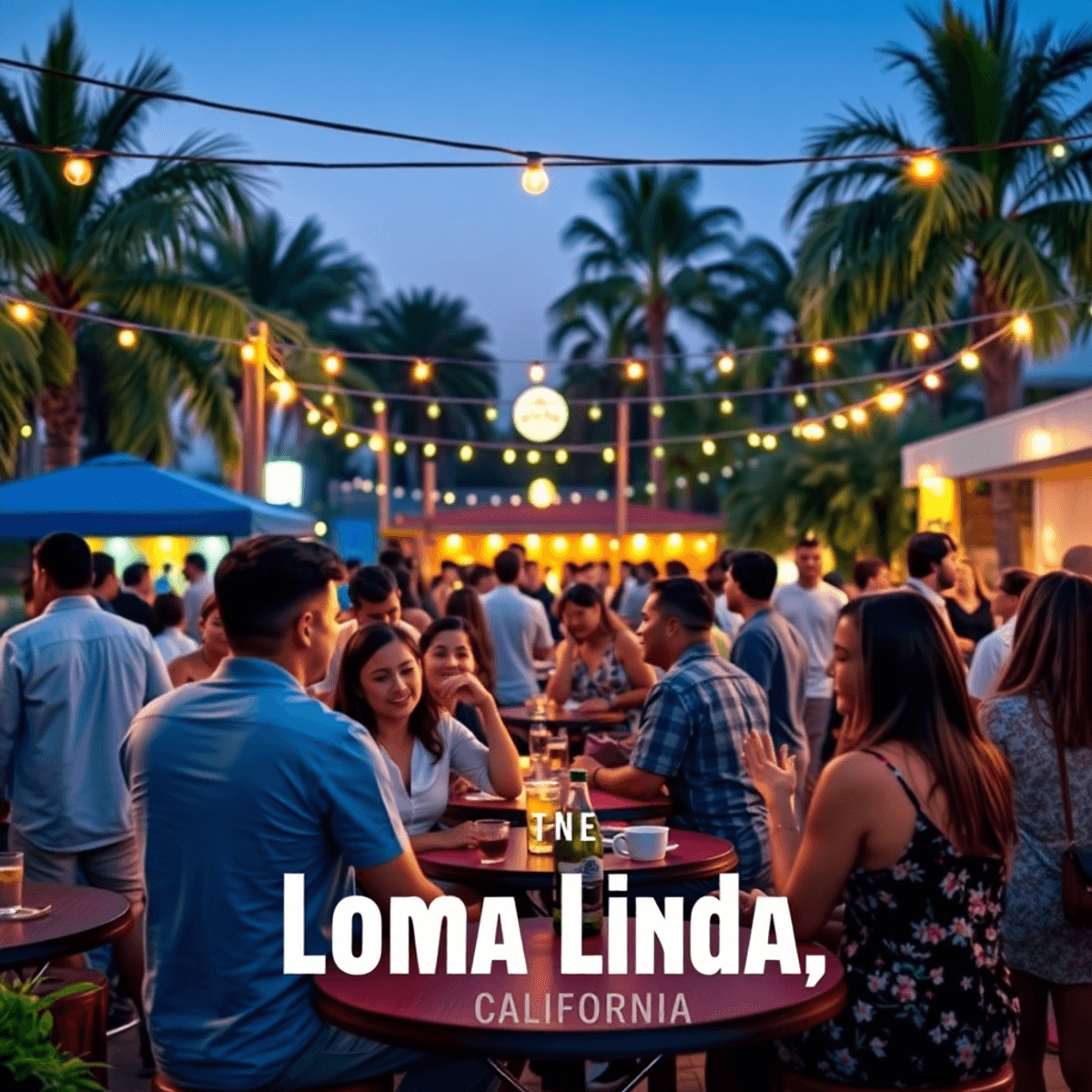 A lively outdoor gathering in Loma Linda with singles chatting, string lights overhead, and palm trees in the background, creating a warm and invit...