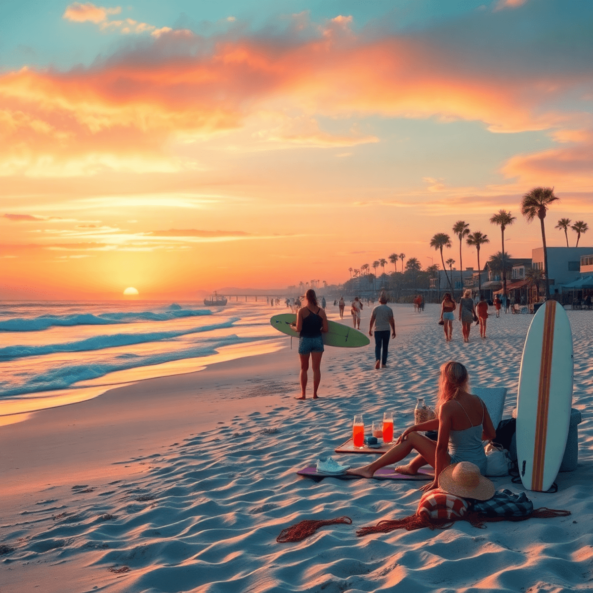 A vibrant beach scene at sunset with gentle waves and soft sand, featuring surfboards and picnic setups, reflecting community and relaxed outdoor a...