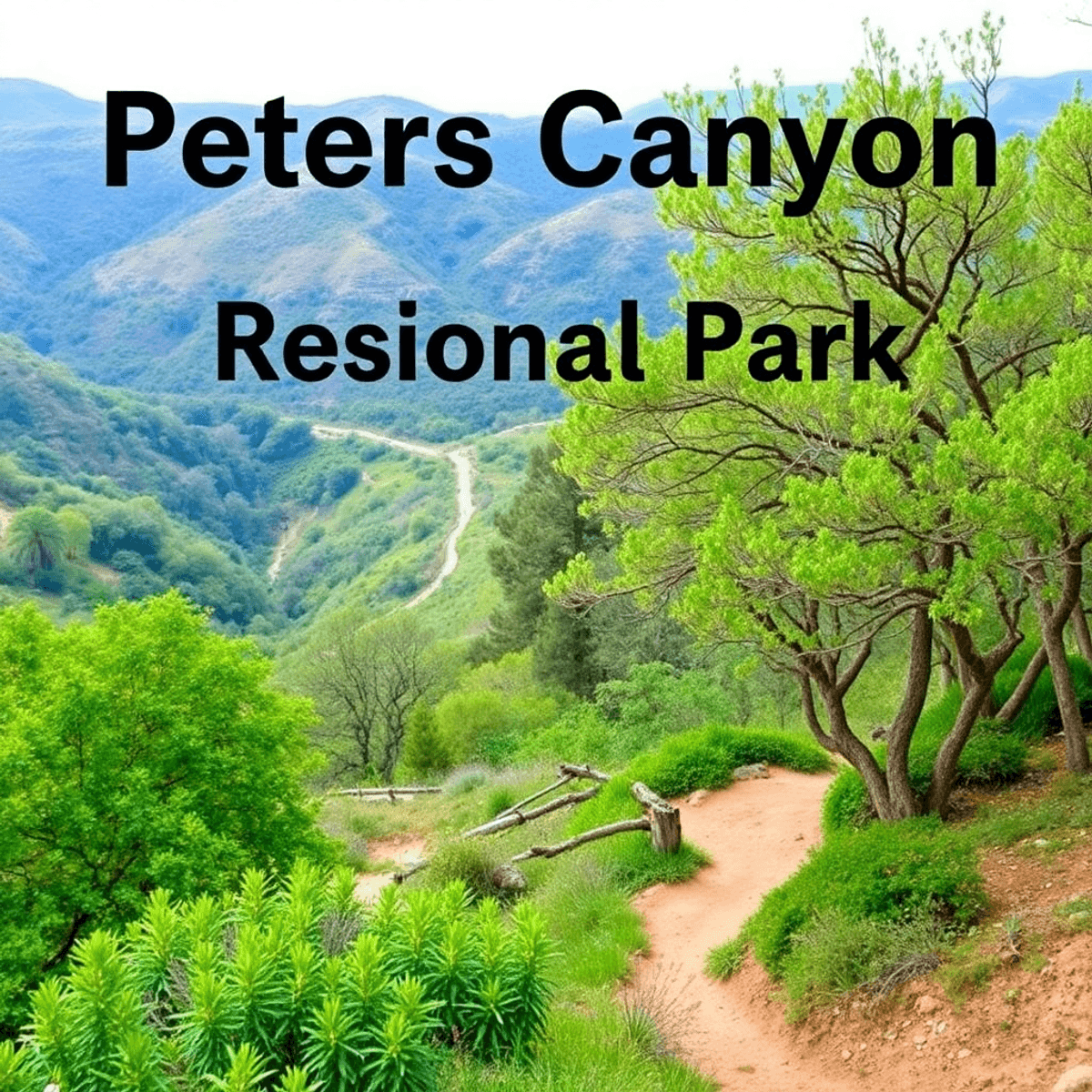 A scenic view of Peters Canyon Regional Park featuring lush greenery, winding hiking trails, and a tranquil atmosphere, perfect for outdoor adventu...