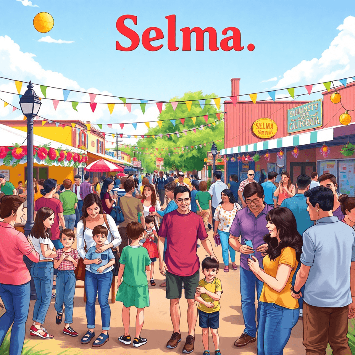 A lively Spring festival in Selma, California, with colorful decorations, families engaging in activities, and cheerful interactions capturing smal...