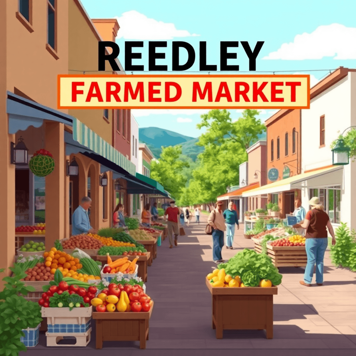 A vibrant farmers' market on a small-town street, with fresh produce on display, local stalls, and people interacting happily against a backdrop of...