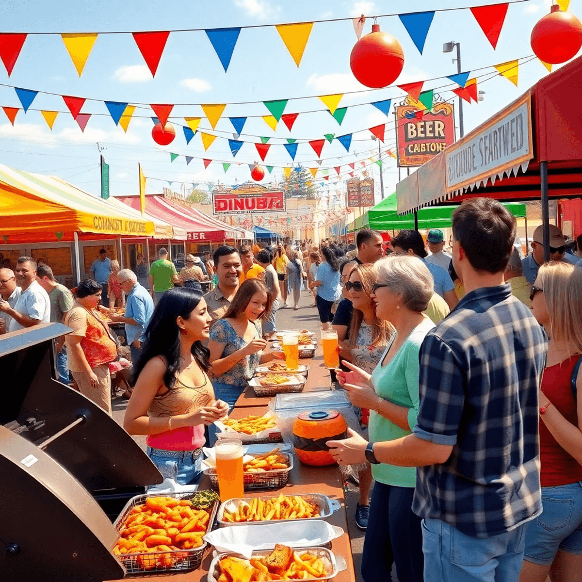 A lively community barbecue festival in Dinuba, California, with people enjoying food and craft beer, colorful decorations, BBQ grills, and a festi...