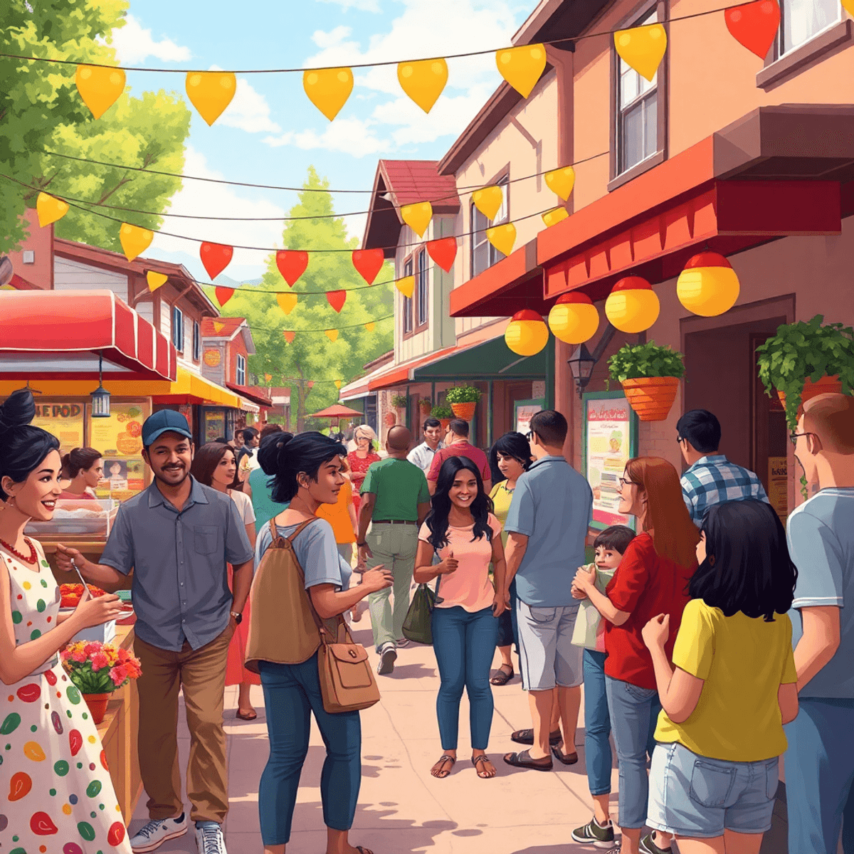 A lively neighborhood event in Bloomington, California, with people socializing around food stalls and cheerful decorations in a warm outdoor setting.