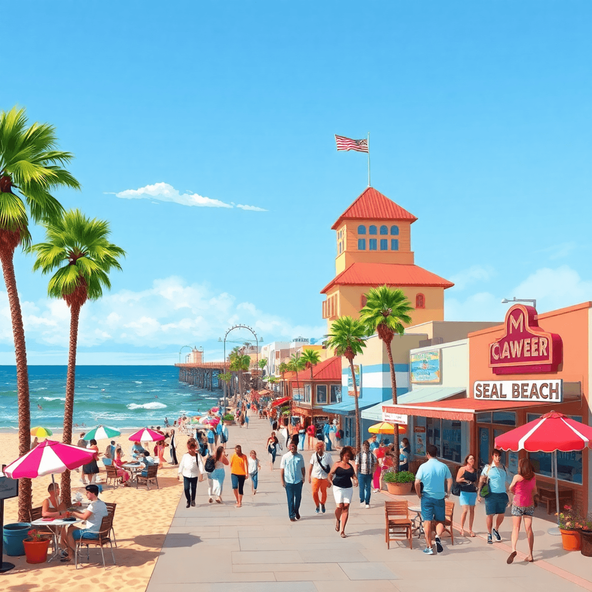 A lively coastal scene at Seal Beach Pier with people enjoying the beach, socializing at cafes, and strolling along Main Street, surrounded by palm...