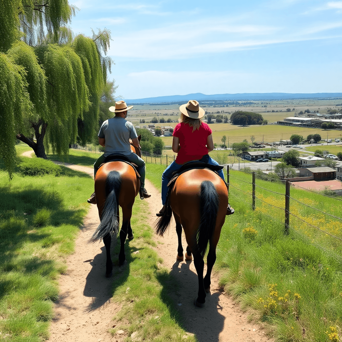 A couple riding horses along a scenic trail, surrounded by lush greenery and open spaces, capturing the essence of outdoor adventure in a small-tow...