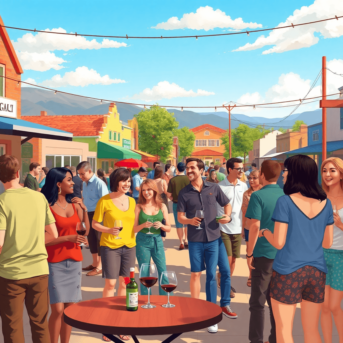 A lively outdoor community event in Galt, California, with singles socializing, wine tasting, and enjoying activities against a backdrop of charmin...