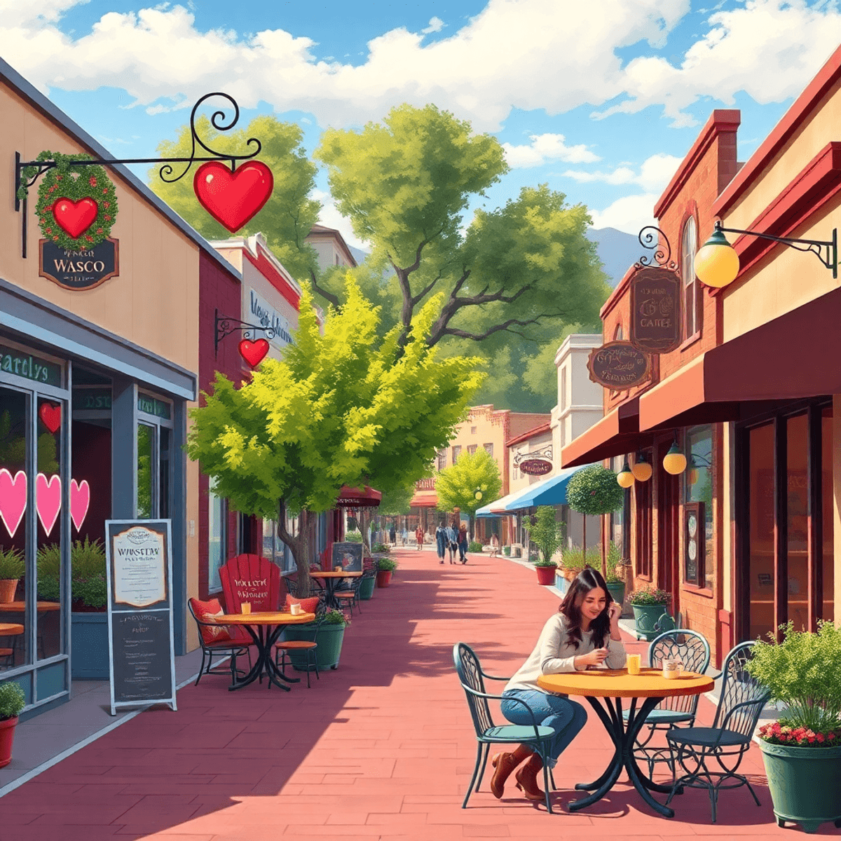 A cozy small-town street in Wasco, California, featuring local shops and cafes. A couple enjoys coffee at an outdoor table adorned with heart-shape...