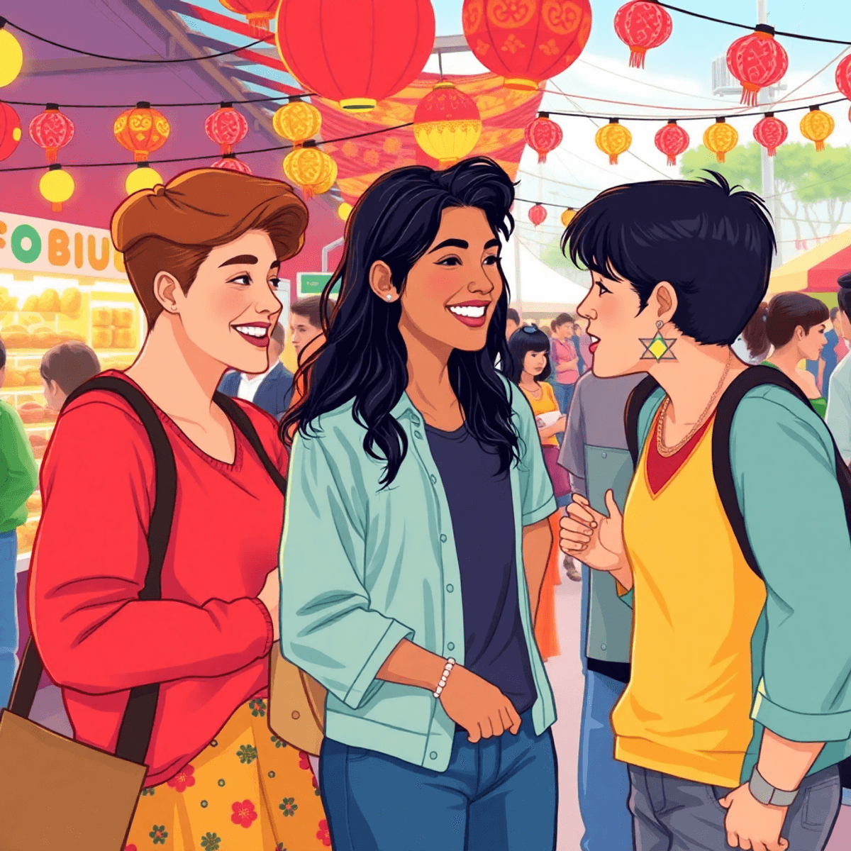 A vibrant illustration of young singles mingling at a cultural festival, surrounded by colorful decorations, food stalls, and music, capturing live...