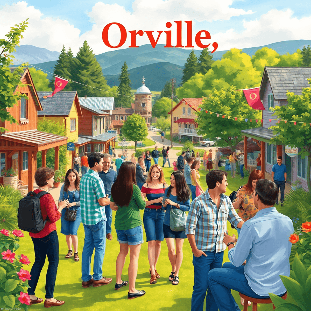A charming small-town scene in Oroville, California, featuring a picturesque park with singles engaging in friendly conversations amid lush greener...