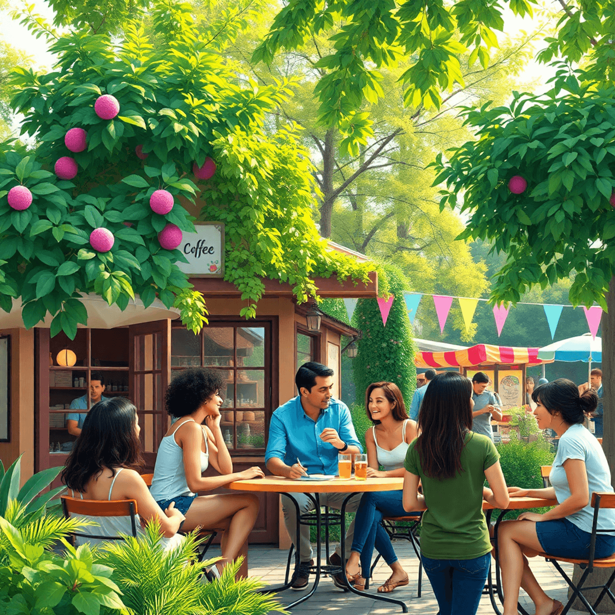 A charming coffee shop nestled in lush greenery, with people enjoying lively conversations and laughter, colorful banners, and food stalls enhancin...