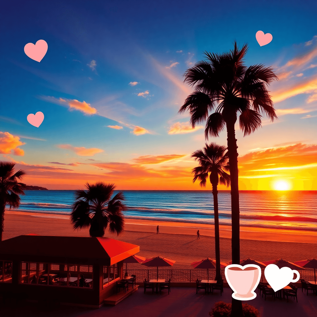 A stunning sunset over the Pacific Ocean at Coronado Beach, with palm tree silhouettes and a cozy café, featuring heart shapes and coffee cups symb...