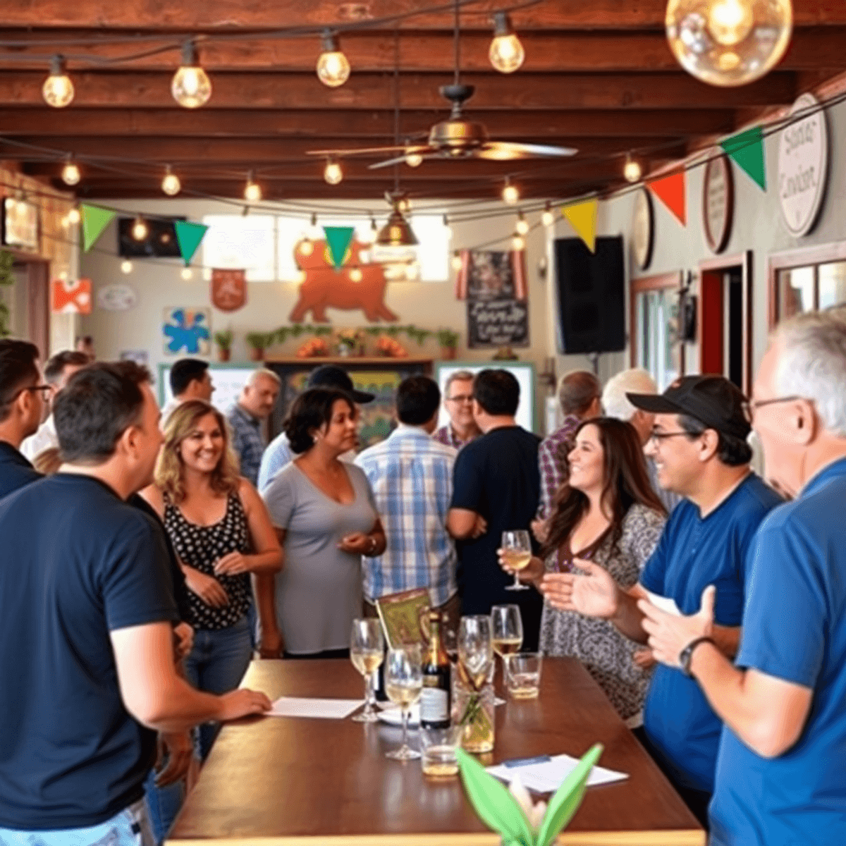 A lively community event in Mead Valley, California, featuring singles mingling under string lights with cheerful decorations, sharing conversation...