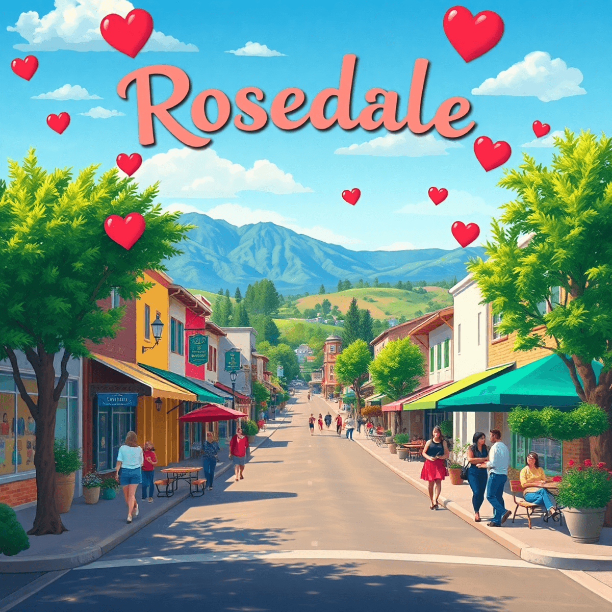 A scenic Rosedale landscape showcasing charming streets, couples enjoying outdoor activities, and symbols of love, all in a warm and inviting atmos...