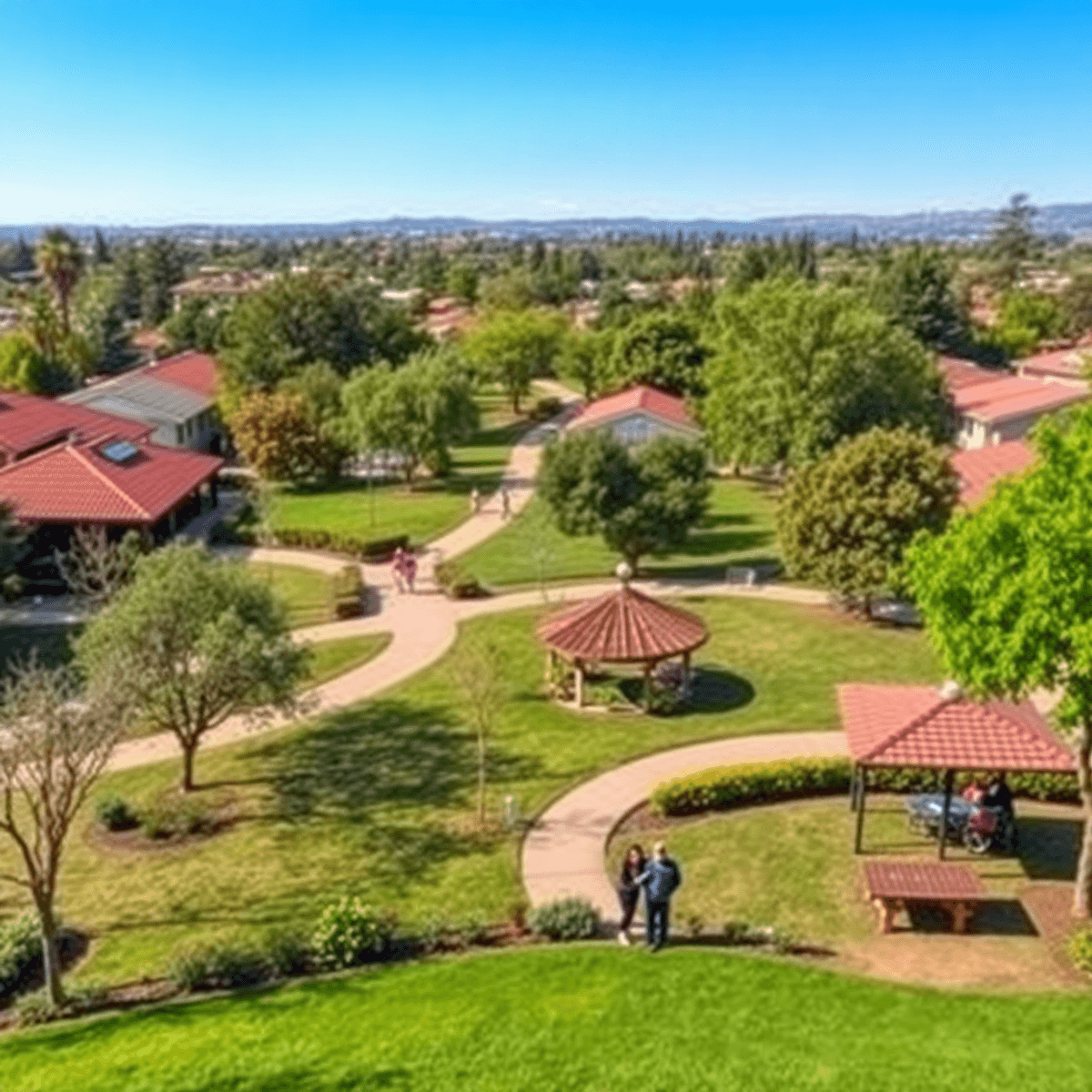 A vibrant suburban park in Valle Vista, California, with lush greenery, walking trails, and picnic areas, showcasing couples and singles enjoying t...