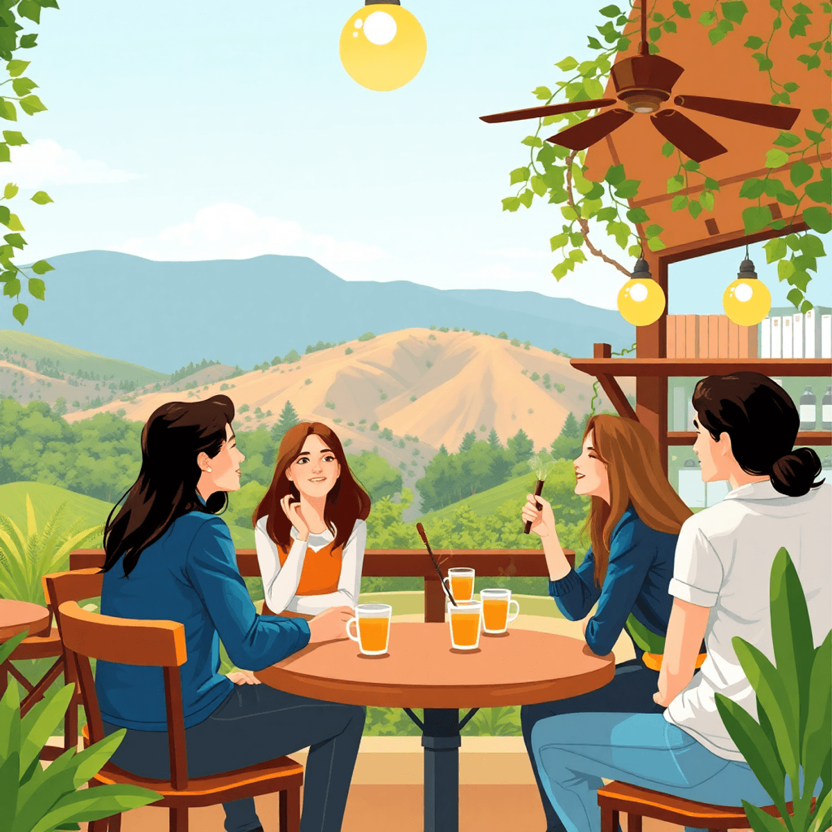 A cozy coffee shop scene with young professionals chatting, surrounded by a scenic backdrop of hiking trails, reflecting a warm and inviting commun...