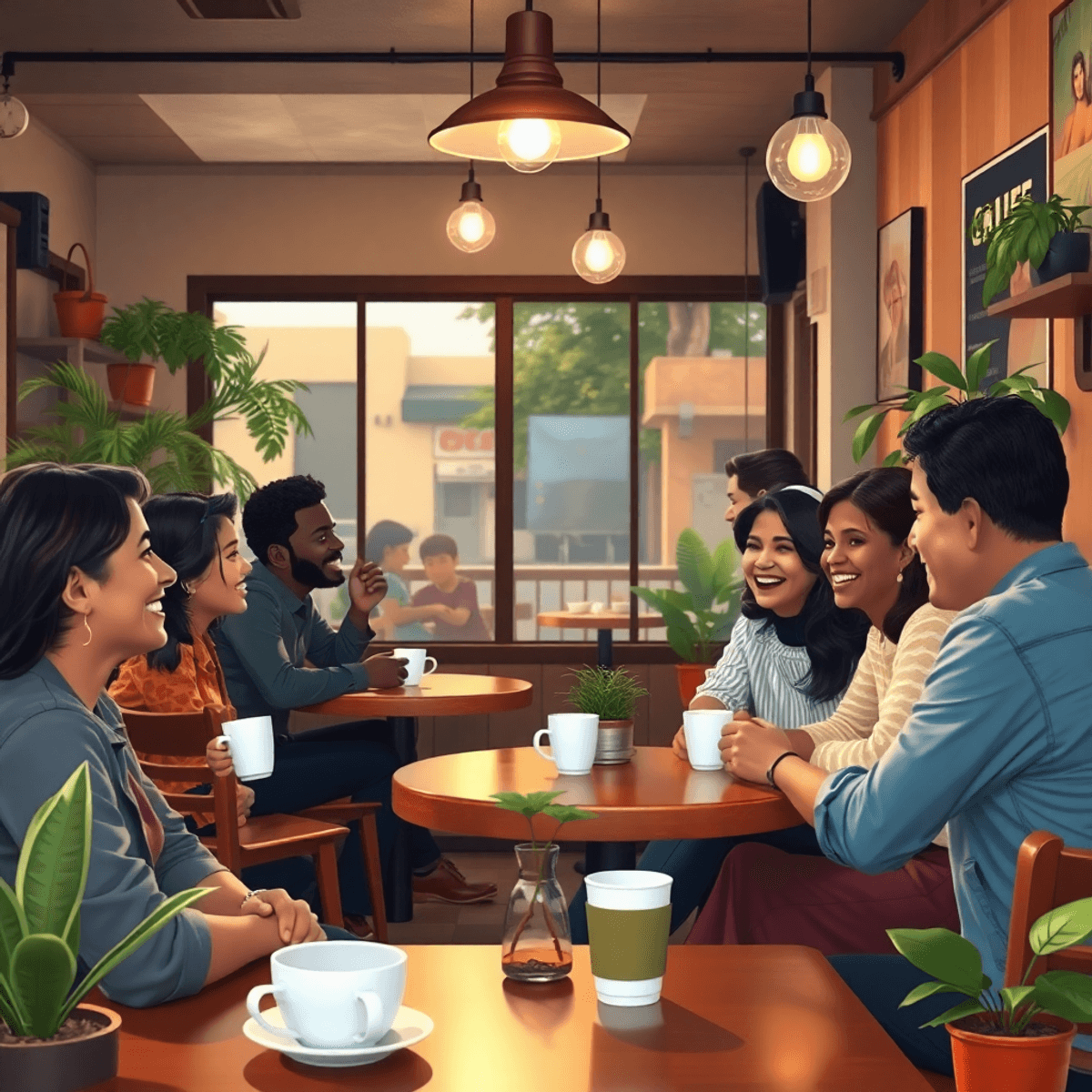 A cozy local cafe filled with people chatting and laughing, featuring coffee cups, plants, and soft lighting that create a warm and inviting atmosp...